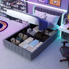 Franciaágy Kárpitozott ágy 160x200cm Led Usb Hidraulikus szürke