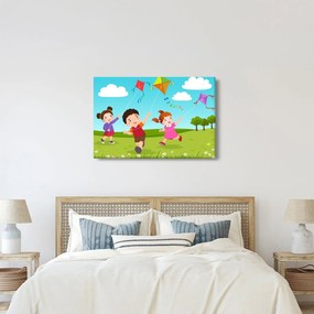 Kép - Sárkányrepülőt éngedő gyermekek (90x60 cm)