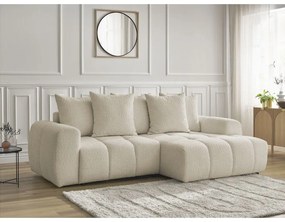 Bézs buklé kinyitható-tárolóhelyes sarokkanapé (jobb oldali-heverő résszel) Roxelane – Bobochic Paris