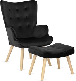 Pihenőfotel fekete színben, bársony kárpittal, lábtartóval LOZANO