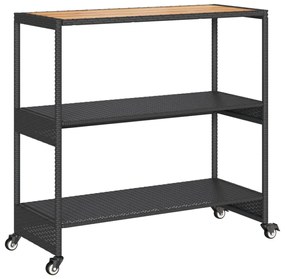 3 szintes fekete polyrattan és tömör akácfa zsúrkocsi
