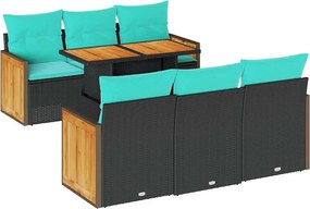 vidaXL 7 részes fekete polyrattan akácfa kerti ülőgarnitúra párnával