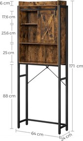 Mosógép feletti tárolószekrény, fürdőszoba szekrény, rusztikus barna 64x24x171cm