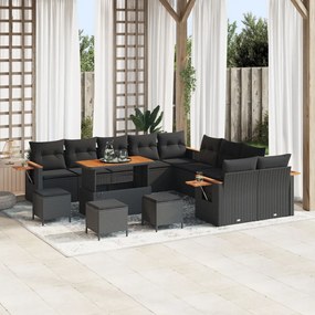 13 Részes Kerti Kanapészett Párnákkal Fekete Poly Rattan Akác, 3 Részes Kerti Étkezőszett Párnákkal Fekete Poly Rattan Akác