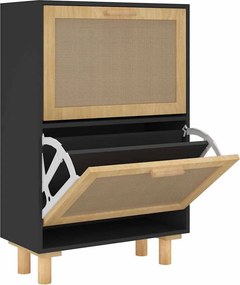 vidaXL fekete szerelt fa és természetes rattan cipőszekrény 52x25x80cm