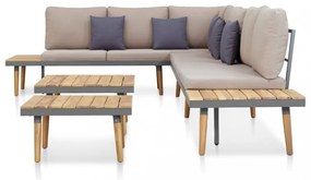 7 személyes barna tömör akácfa kerti bútorgarnitúra párnákkal