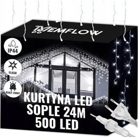 Jégcsap Függöny 500LED Fehér Hideg Fényfüzér Kültéri Szikra Flash 24M