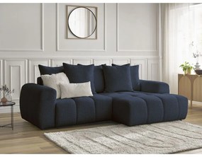 Kék buklé kinyitható-tárolóhelyes sarokkanapé (jobb oldali-heverő résszel) Roxelane – Bobochic Paris