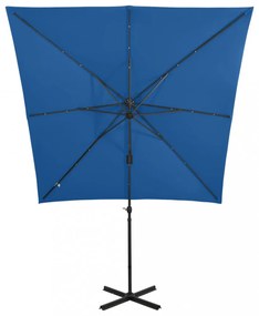 azúrkék konzolos napernyő rúddal és LED-fényekkel 250 cm