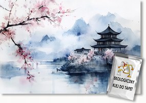Fotótapéta Flizelina Ázsia Japán Hegyek Tó Pagoda Sakura 150x105 ragasztó