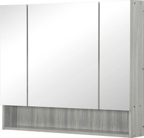 Kleankin Tükrös Szekrény 4 Rekesszel és Állítható Polcokkal, Fürdőszobai Tükör Fa és Üveg Anyagból, 90x15x75 cm, Szürke | Aosom