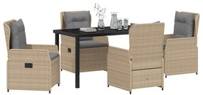 5 Részes Kerti Étkezési Szett Bézs Polirattan, Kerti Asztal Fekete 140x80x73 cm Edzett Üveg