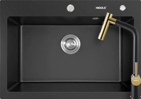 Higold 935004B konyhai mosogatótálca 680 x 480 mm fekete és Higold Piniz konyhai csaptelep kihúzható fejjel, fekete és gold