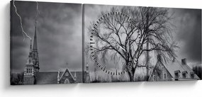 Fekete fehér falu képe (órával) (90x30 cm)