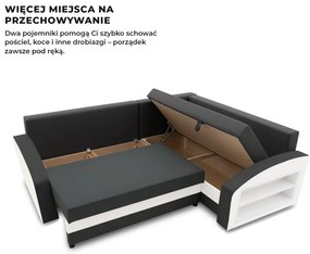 Grande sarokkanapé polcokkal , polc a jobb karfaban, jobboldali, szövet anyag, hab töltet, szürke - fehér