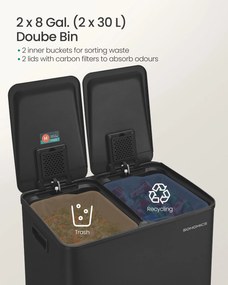 SONGMICS 60L Konyhai szemetes (2x30L), lágy záródás, fekete