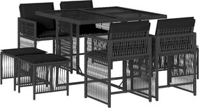 vidaXL 9 részes fekete polyrattan kerti étkezőgarnitúra párnákkal
