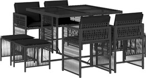 vidaXL 9 részes fekete polyrattan kerti étkezőgarnitúra párnákkal
