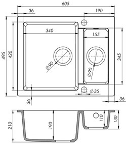 Mosogató Quality Ferrum, konyhai gránit mosogató 605x495x210 mm + fekete szifon, fehér, SKQ-FER.W.5KBO.XB
