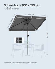 Napernyő 200 × 150 cm, téglalap alakú erkélyernyő, napvédelem UPF 50+, talp nélkül, szürke