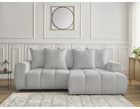 Világosszürke buklé kinyitható-tárolóhelyes sarokkanapé (jobb oldali-heverő résszel) Roxelane – Bobochic Paris