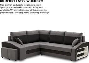 Grande sarokkanapé polcokkal és puffokkal , polc a jobb karfaban puffok a bal karfaban, baloldali, szövet anyag, hab töltet, szürke - fekete