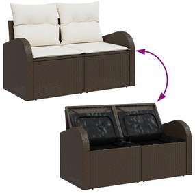 3 Részes Kerti Kanapészett Párnákkal Barna Poli Rattan, 2 Személyes Kerti Kanapé Tárolóval&amp;Párnákkal Barna Poli Rattan