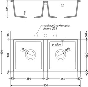 Mexen Hektor kétkamrás gránit mosogató 800 x 480 mm, szürke, króm szifon - 6521802000-71