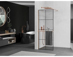 Mexen Kioto+, Walk-In zuhanyparaván polccal és akasztóval 90 x 200 cm, 8 mm átlátszó üveg fekete mintás, réz matt profil, 800-090-121-65-77