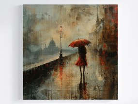 Poszter Nő Piros Esernyő Város Folyó Eső 40x40