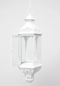 Keleties stílusú függeszthető fehér fém üvegezett mécsestartó lantern lámpás 52x18x20cm
