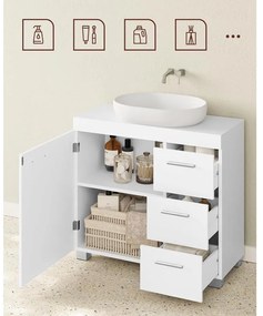 Mosdó alatti szekrény, fürdőszobai szekrény 3 nagy fiókkal, 30 x 70 x 64 cm, fehér