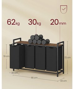 Szennyestartó, levehető ruhatartó zsákkal 4x40L, rusztikus barna és fekete