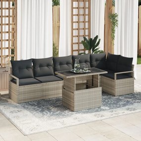 7 darabos kerti kanapé szett párnákkal, világosszürke poly rattan, 2 személyes kerti kanapé tárolóval és párnákkal, szürke poly rattan