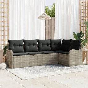 5 darabos Kerti Kanapészett párnákkal Világosszürke Poli Rattan, 2 férőhelyes Kerti Kanapé tárolóval és párnákkal Világosszürke Poli Rattan
