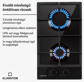 Klarstein Ignito Domino, gázfőzőlap, 2 Sabaf égő, üvegkerámia, fekete