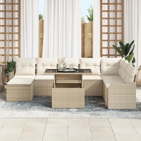 9 Részes Kert Sofa Szett Párnákkal Bézs Poli Rattan, 2-Fős Kert Sofa Párnákkal Bézs Poli Rattan