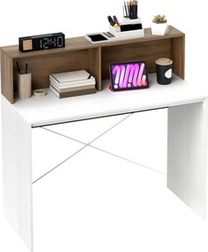 HOMCOM Íróasztal Tanuláshoz és Irodához, Emelt Asztallap és 2 Polccal, Modern Játékasztal X-Formájú Felépítéssel, 110x50x102,6 cm, Fehér, Barna és Dió