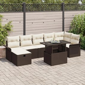 8 Részes Kert Sofaszett Párnákkal Barna Poli Rattan, 2-Személyes Kert Sofa Tárolóval és Párnákkal Barna Poli Rattan