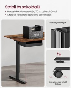 Elektromos magasságállítható íróasztal 140 × 60 cm, konnektorokkal és USB-portokkal, vintage barna-fekete