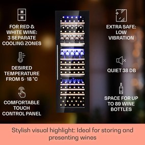 Klarstein Vinsider 89 Trio, beépített borhűtő, 5 - 18 °C, érintőképernyős vezérlőpanel, fa polcok