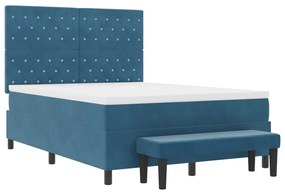 Box Spring Ágy Matraccal és Padával Sötétkék 140x190 cm Bársony