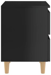 Magasfényű fekete éjjeliszekrény fenyőfa lábakkal 40x35x50 cm