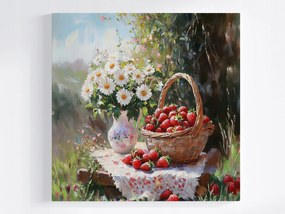 Vászonkép Canvas Kert Nyár Virágok Váza Gyümölcs Kosár Eper 40x40
