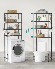 SONGMICS 4 Szintes WC feletti Állvány Akasztókkal és Toalettpapír-tartóval, 30 × 63 × 176 cm, Fekete