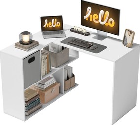HOMCOM L-alakú sarokíróasztal, 110 x 100 x 75 cm — számítógépasztal textildobozzal és nyitott polcokkal, fehér | Aosom