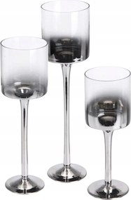 Üveg gyertyatartó, 3 darabos szett, ezüst színű