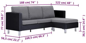3 személyes fekete műbőr kanapé párnákkal