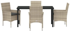 5 Részes Kert Étkezősor Párnákkal Világosszürke Poli Rattan, Kert Asztal Fekete 140x80x73 cm Edzett Üveg