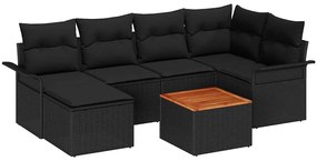 Kerti Kanapé Szett 7 pcs Fekete Poli rattan, acél, tömör akácfa